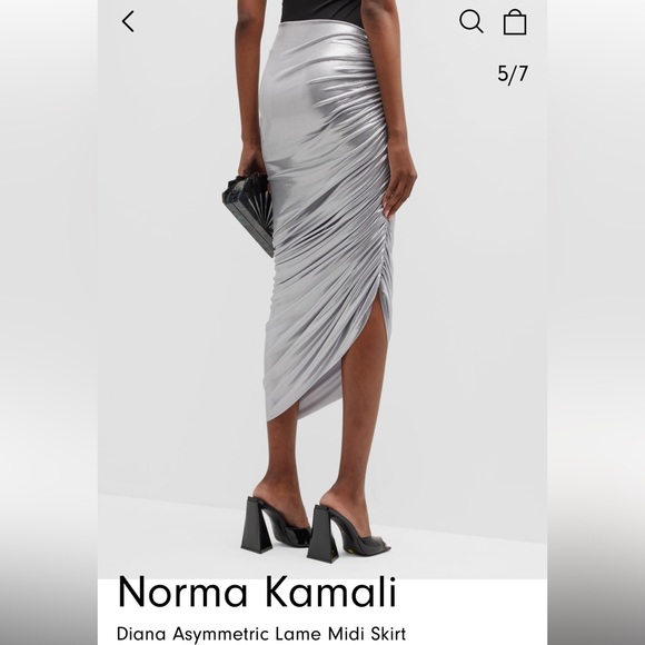 Norma Kamali NWT Diana shirred knee length skirt silver lame S. - Picture 4 of 6
